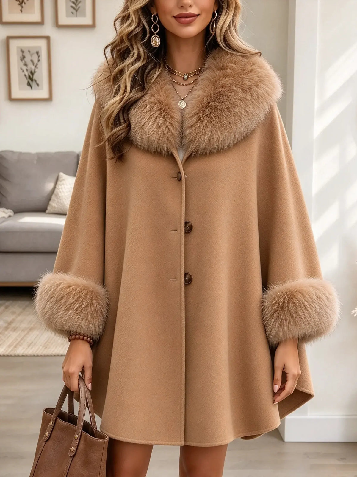 Women's Faux Fur Trim Woolen Cape Coat