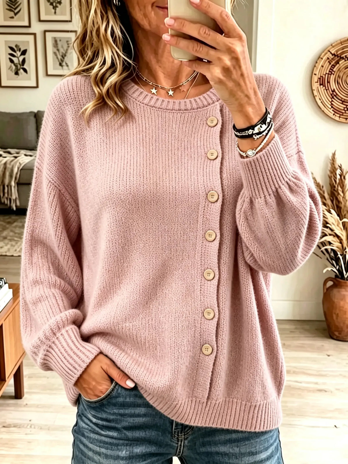 Women's Asymmetrical Button Crewneck Knit Sweater