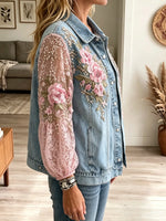 Women's Floral Lace Sleeve Denim Jacket