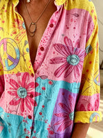 Women's Color Block Square Daisy Peace Sign Print Bubble 3/4 Sleeve Collared Shirt
