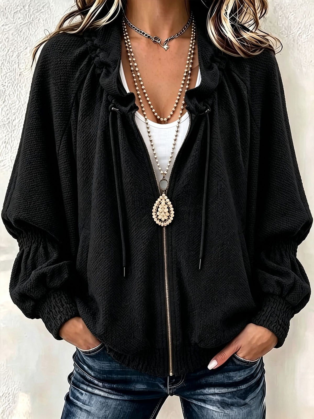 Women Drawstring Ruched Collar Full‑Zip Batwing Sleeve Textured Jacket
