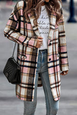 Women Plaid Notched Lapel Mid‑Length Wool Blend Coat, Casual Button Down Oversized Outerwear