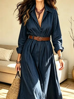 Retro Solid Color Art Casual Stylish Lapel Long Sleeve Maxi Dress