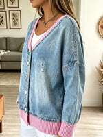 Women's Ribbed Trim Oversized Denim Cardigan