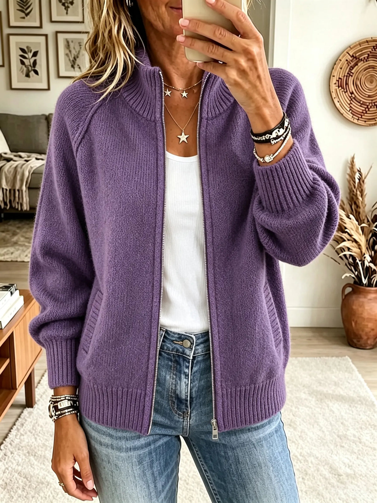Women's Full-Zip Ribbed Knit Bomber Cardigan