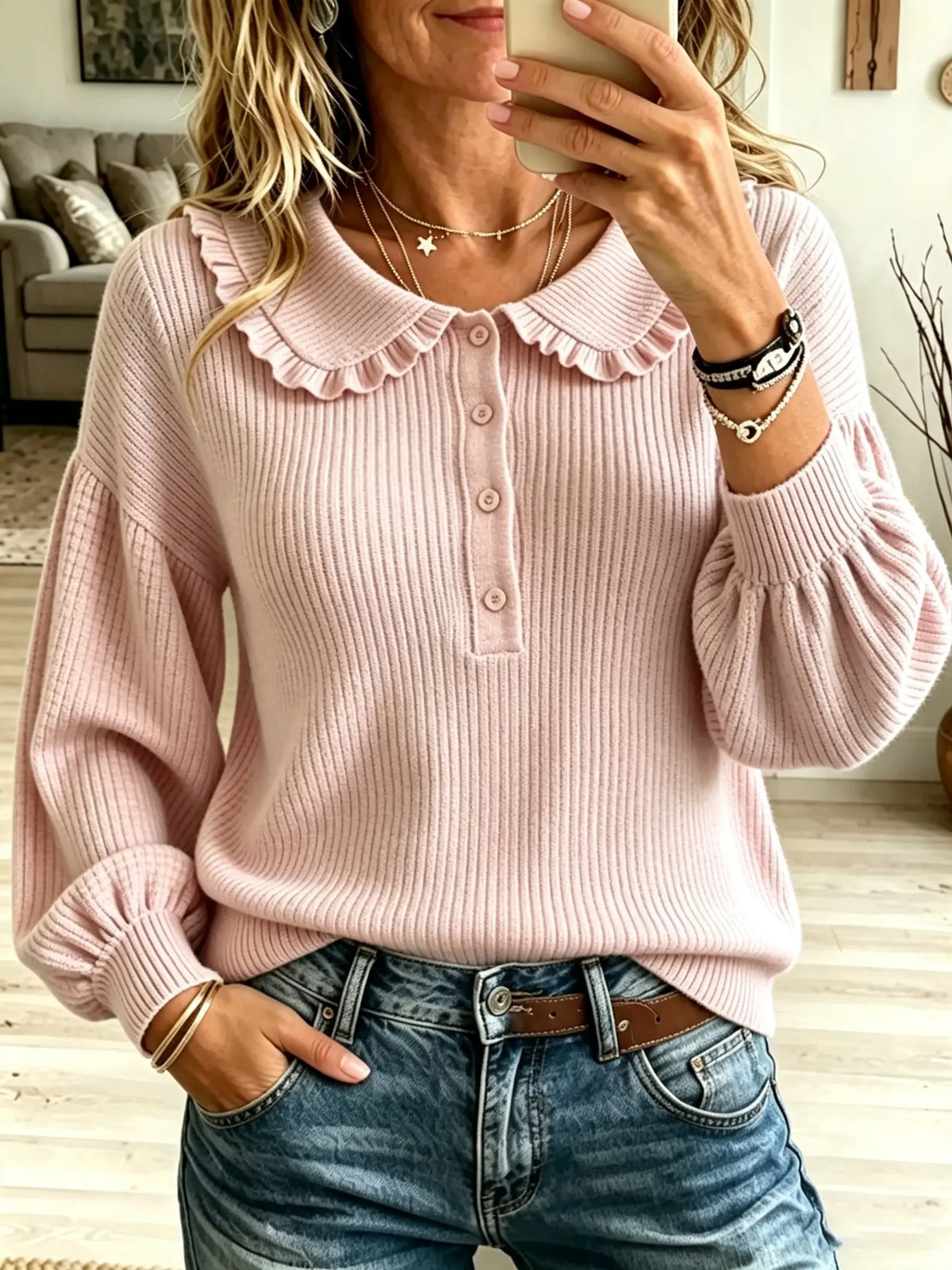 Women's Ruffled Collar Ribbed Knit Sweater