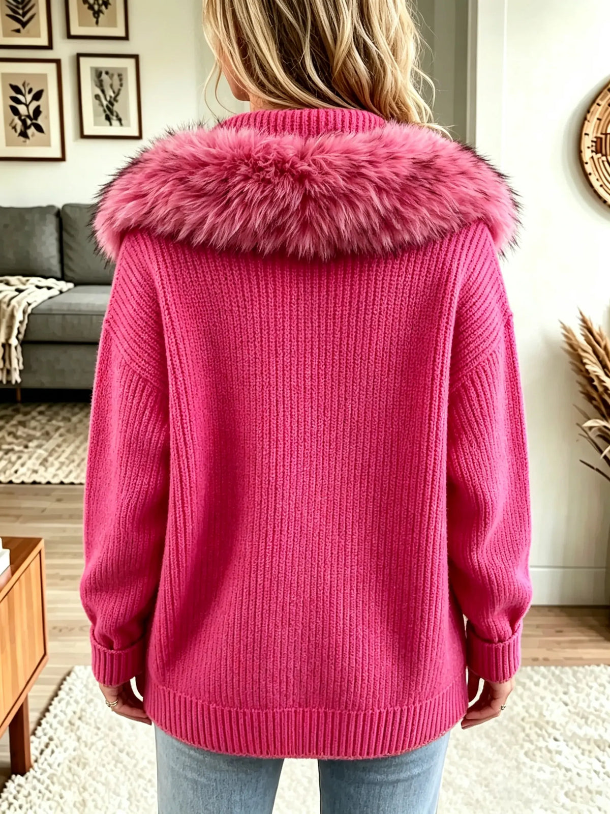 Women's Faux Fur Collar Ribbed Knit Cardigan