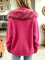 Women's Faux Fur Collar Ribbed Knit Cardigan