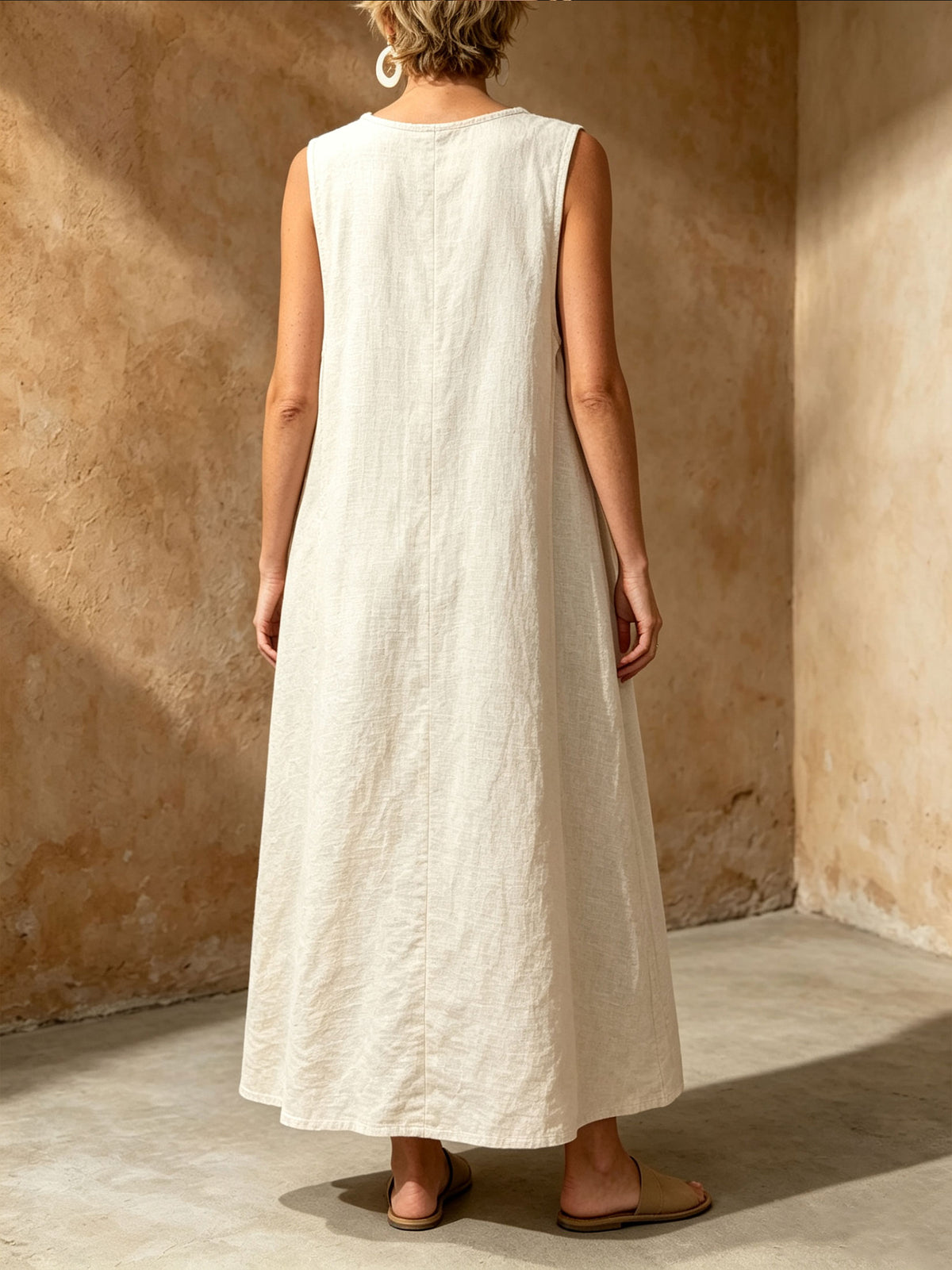 Women's Sleeveless Tribal Geometric Print Button Front Linen Blend Maxi Dress