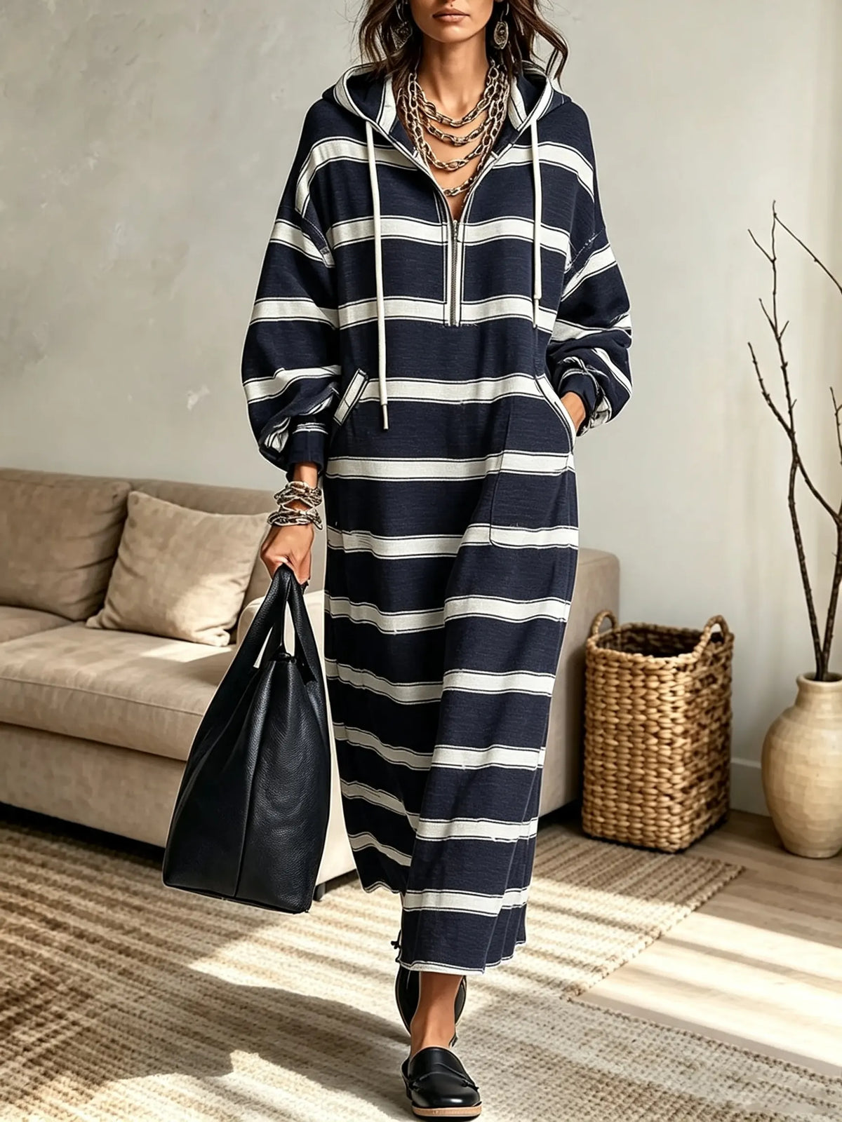 Women's Striped Half-Zip Hooded Sweatshirt Maxi Dress