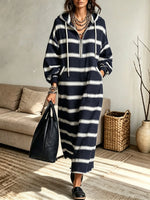 Women's Striped Half-Zip Hooded Sweatshirt Maxi Dress