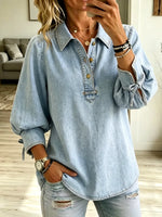 Retro Bow Art Casual Stylish Long Sleeve Lapel Denim Shirt