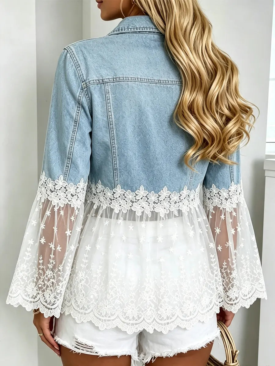 Retro Floral Lace Patchwork Casual Stylish Denim Lapel Coat
