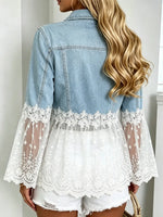 Retro Floral Lace Patchwork Casual Stylish Denim Lapel Coat