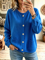 Women Royal Blue Button Front Crew Neck Patch Pocket Knit Cardigan