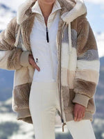 Women Loose Warm Fleece Color Block Fuzzy Zip Up Hooded Jacket Coat