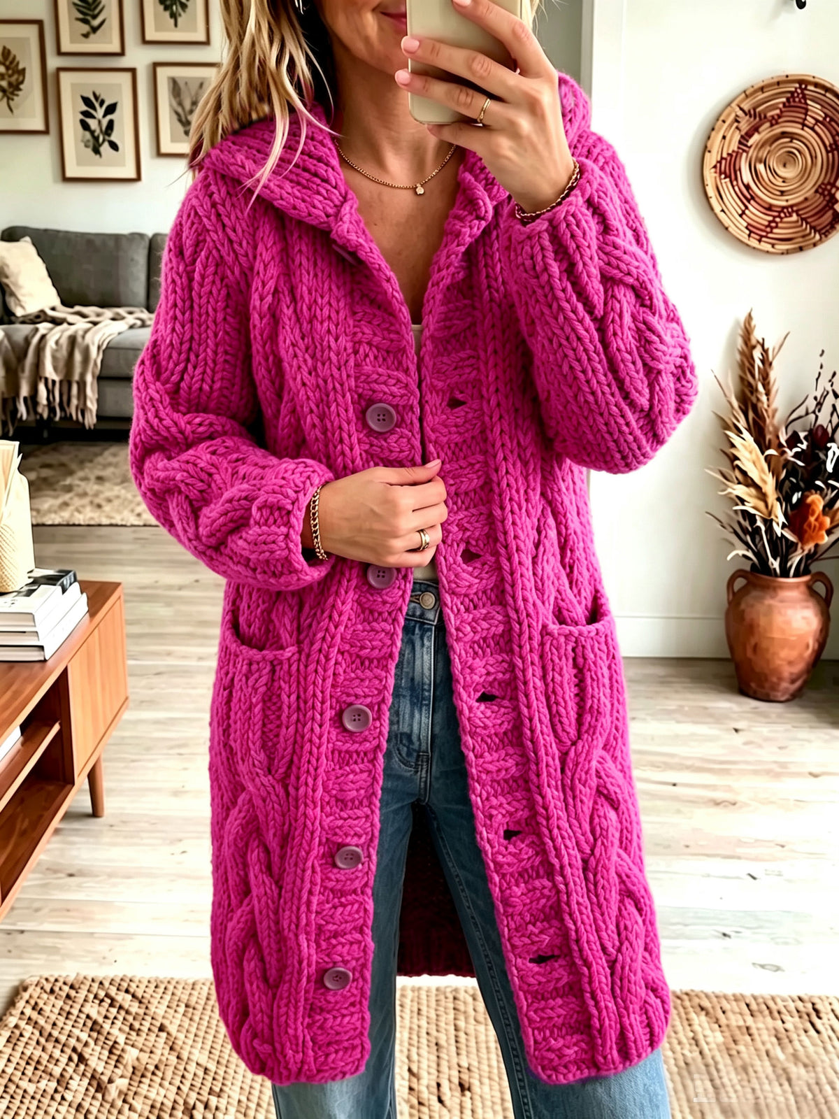 Women Lapel Chunky Cable Knit Cardigan Button‑Front Mid‑Length Sweater Coat
