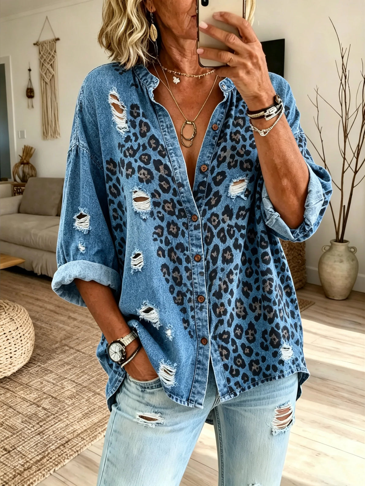 Women's Distressed Leopard Print Loose Denim Shirt
