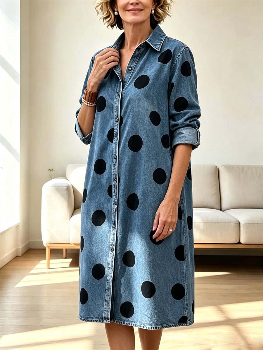 Retro Polka Dot Pattern Art Print Casual Lapel Stylish Denim Dress