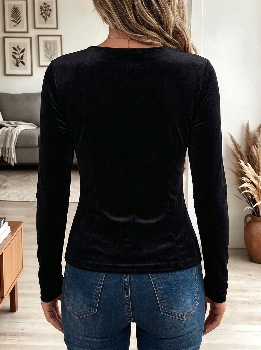 Women's Black Turtleneck Ribbed Knit Long Sleeve Top with Scattered Rhinestones
