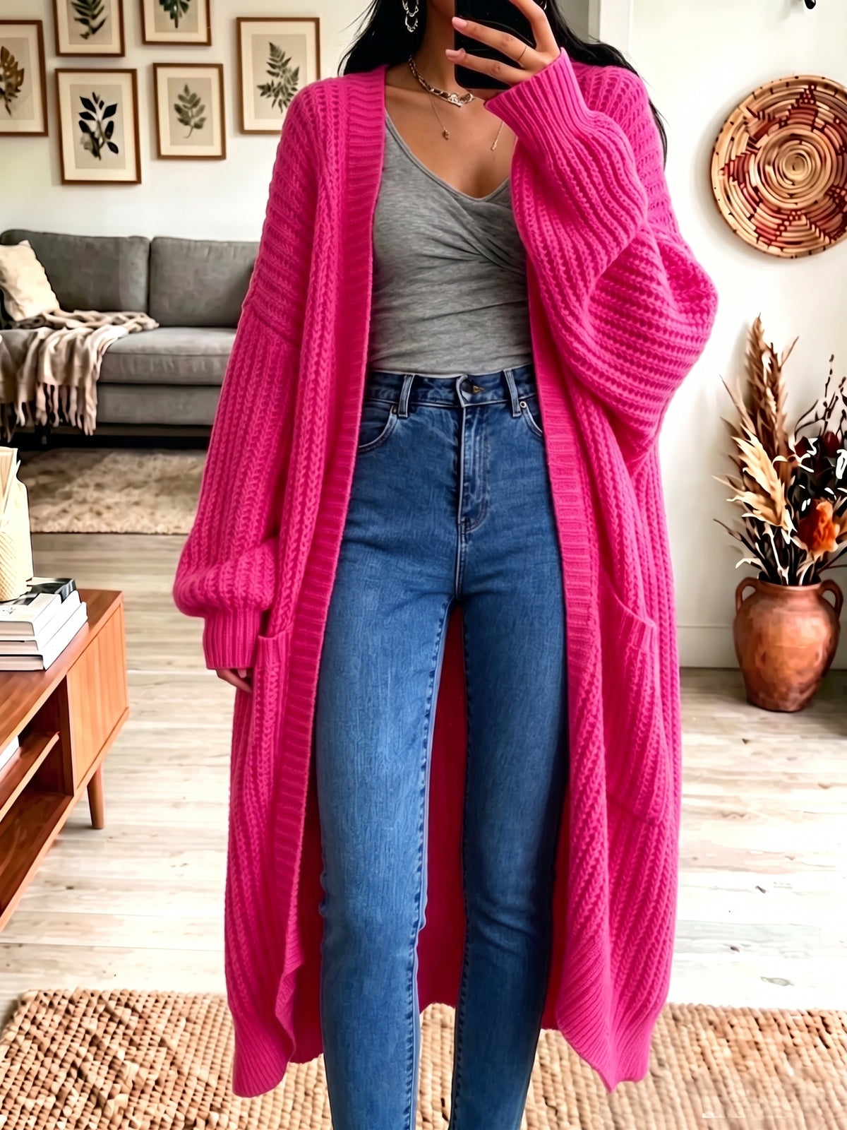 Oversized Long Open Front Knit Cardigan Women Chunky Sweater Coat With Pockets