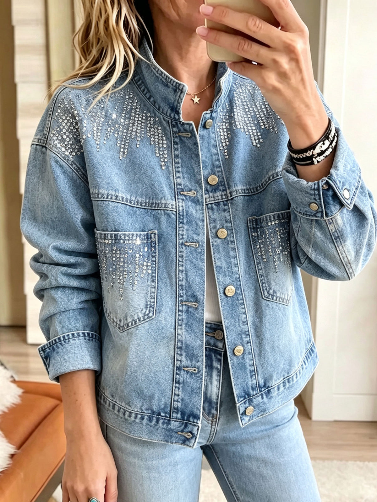Women Rhinestone Embellished Stand Collar Denim Jacket Long Sleeve Button‑Up Casual Coat