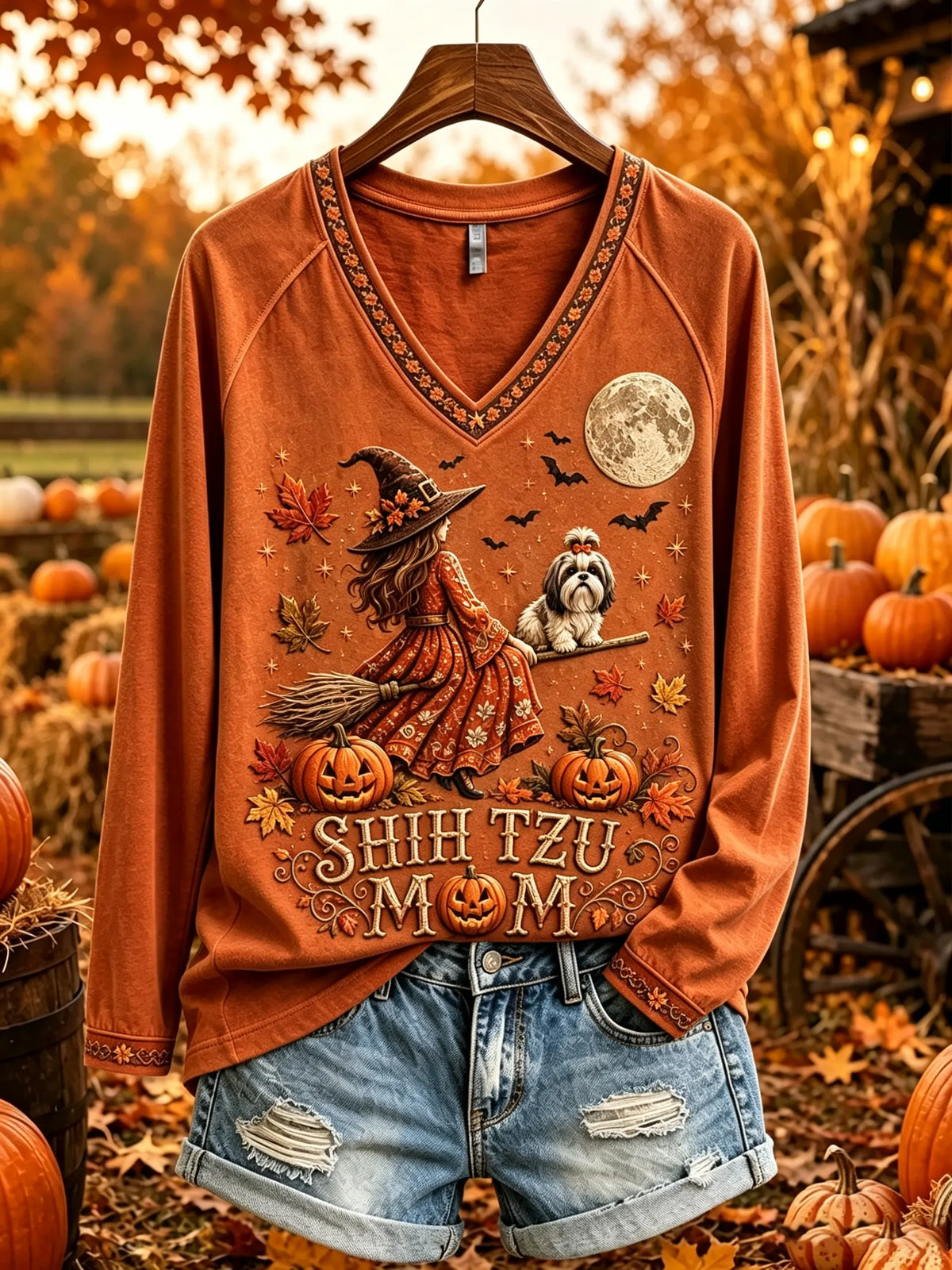 Women's Shih Tzu Mom Autumn Witch Long-Sleeve T-Shirt