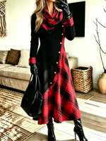 Women's Plaid Patchwork With Buttons Pockets Ruffled Neck Long-sleeve Dress
