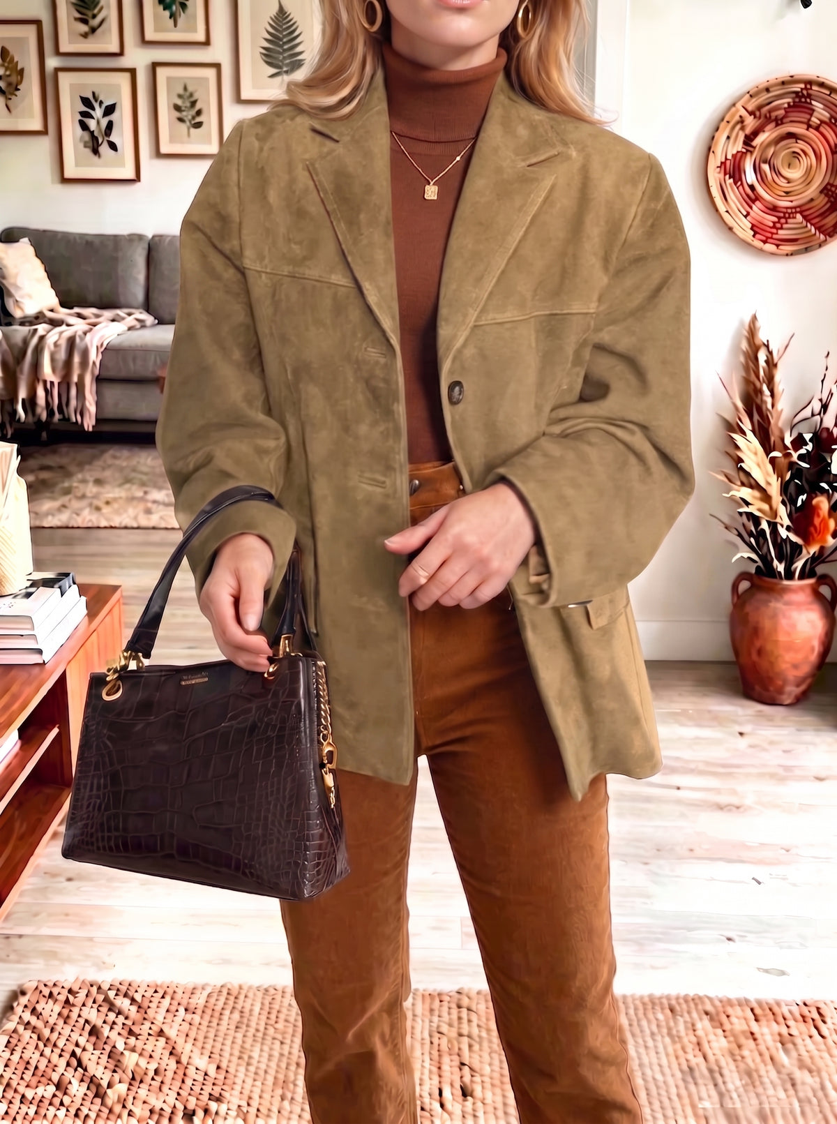 Vintage Suede Lapel Single‑Breasted Blazer Jacket Women Casual Coat