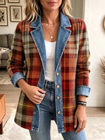 Retro Plaid Pattern Art Casual Denim Patchwork Stylish Long Sleeve Coat
