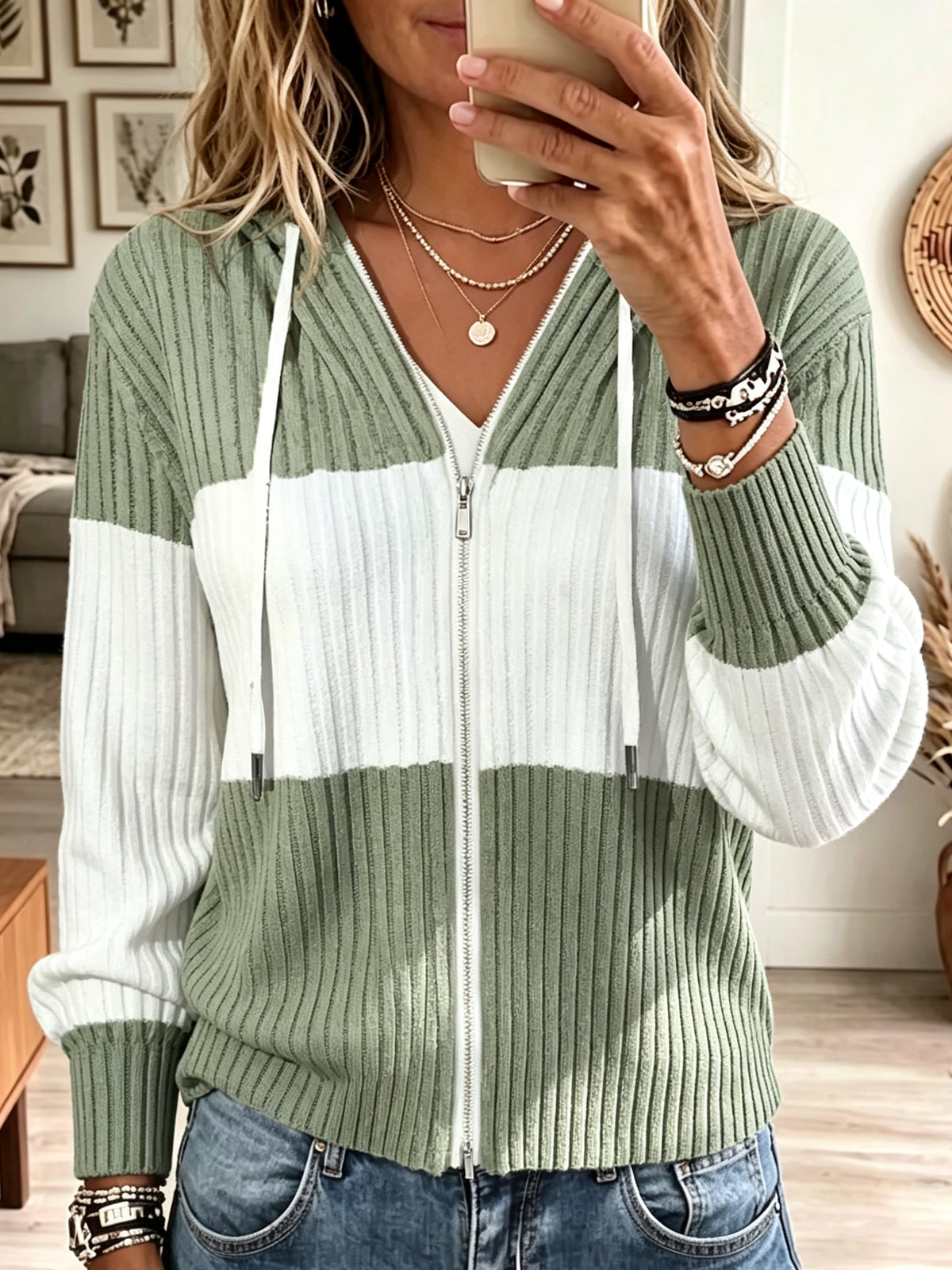 Women's Striped Ribbed Knit Zip-Up Cardigan