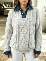 Retro Denim Patchwork Art Casual Stylish Long Sleeve Knit Sweater