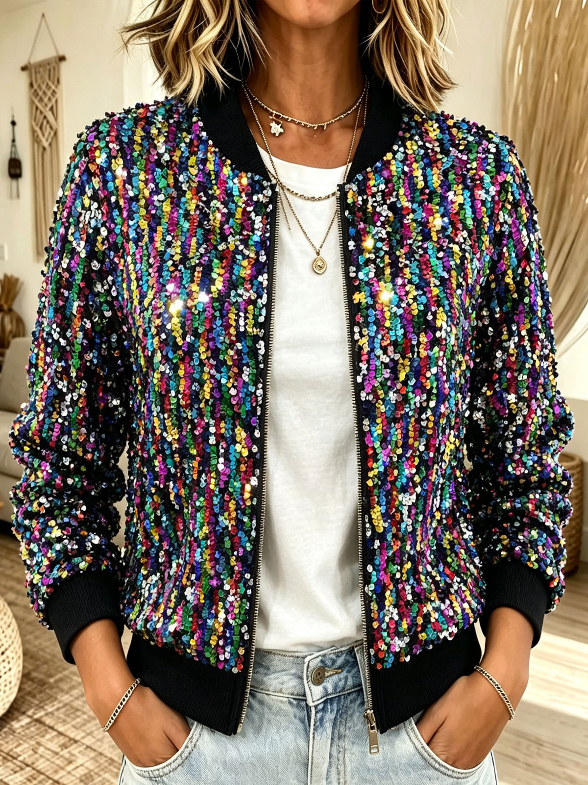 Women Multicolor Sequin Bomber Jacket Zip‑Up Long Sleeve Ribbed Collar Party Coat