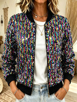 Women Multicolor Sequin Bomber Jacket Zip‑Up Long Sleeve Ribbed Collar Party Coat