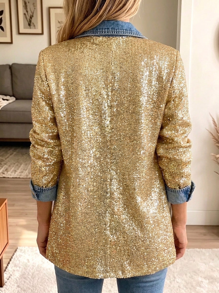 Gold Glitter Denim Spliced Blazer Jacket, Women Lapel Button Party Outerwear