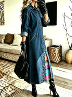 Women's Plaid Patchwork Denim Shirt Maxi Dress