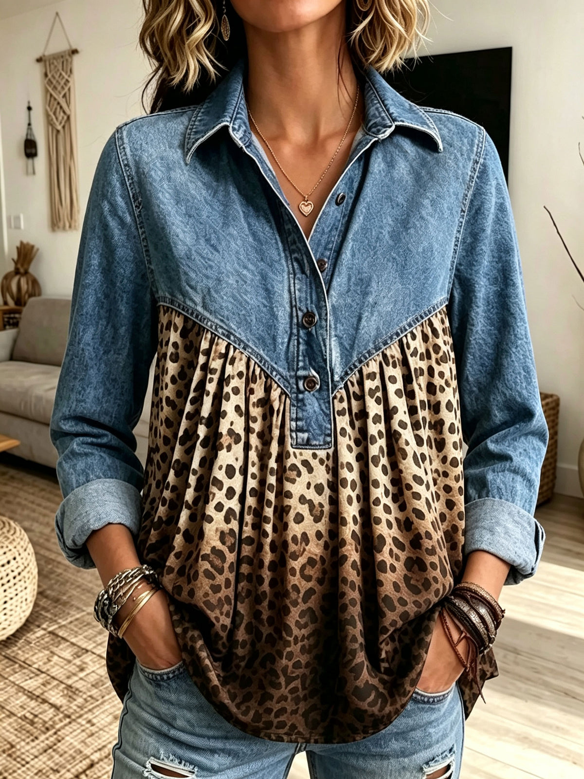 Women Denim Spliced Leopard Print Half Button Long Sleeve Blouse