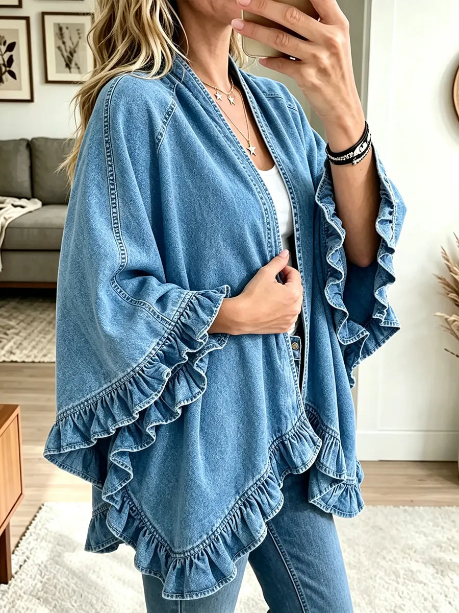 Women's Denim Ruffle Cardigan Cape