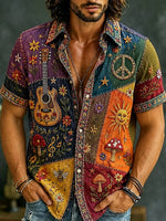 Men's Patchwork Guitar Mushroom Print Button-Up Shirt