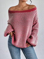 Women Striped Off‑Shoulder Drop Shoulder Loose Knit Sweater