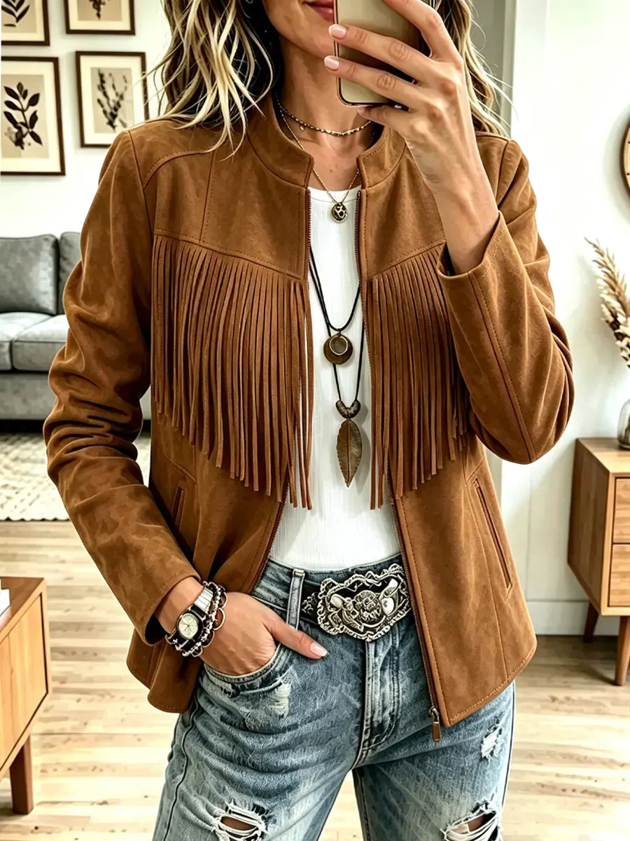 Retro Western Fringe Zip Art Casual Stylish Long Sleeve Suede Coat