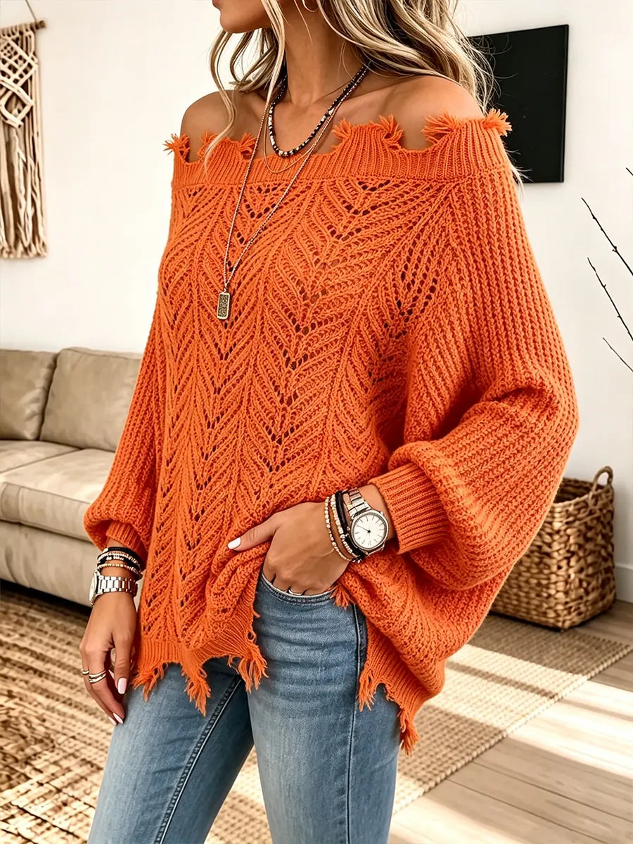 Women’s Distressed Raw-edge One-shoulder Hollow Knit Sweater