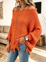 Women’s Distressed Raw-edge One-shoulder Hollow Knit Sweater