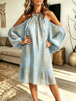 Women Halter Cold Shoulder Leopard Print Loose Mini Dress