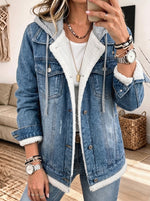Hooded Sherpa Lined Denim Jacket Drawstring Button‑Up Winter Jean Coat