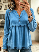 Women's Fringe Trim Henley Babydoll Blouse