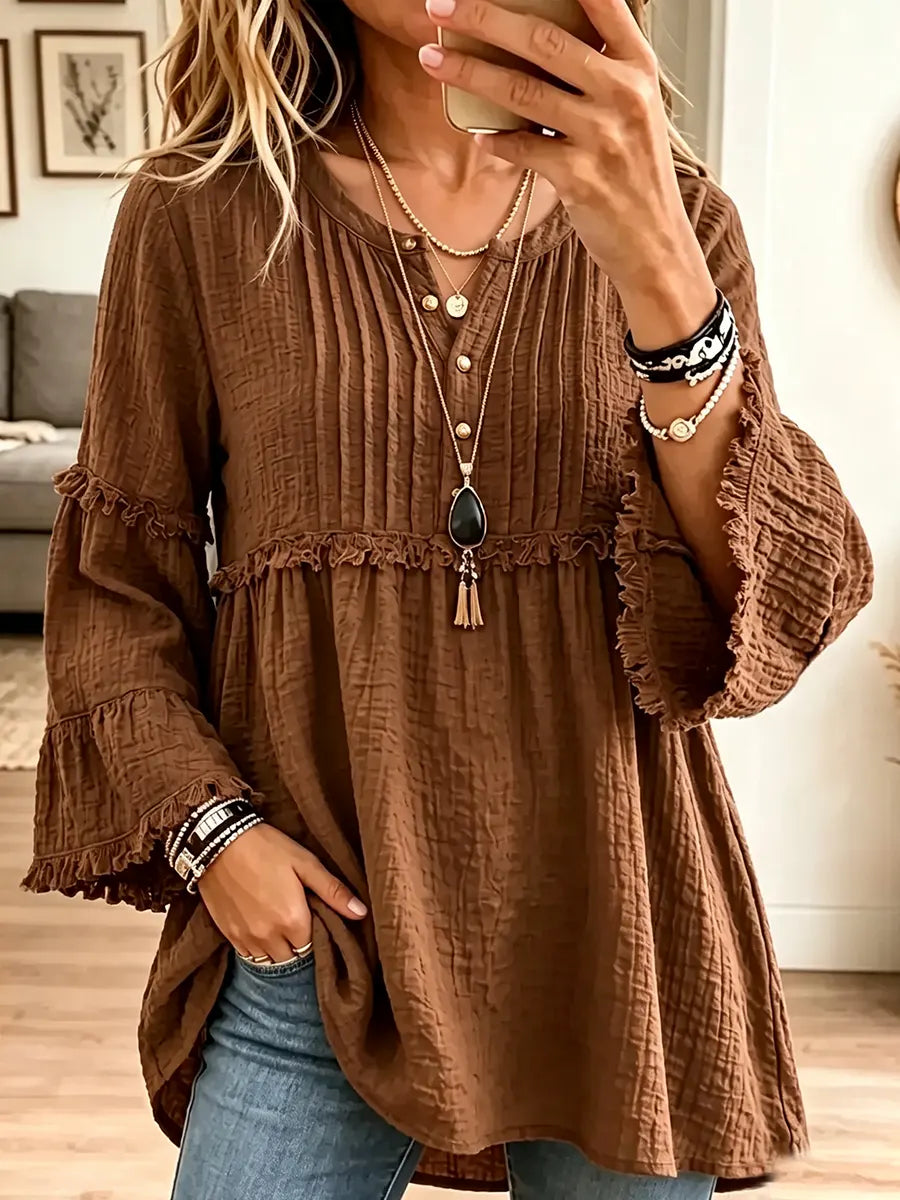 Women's Vintage Elegant Textured Crinkle Pleats Tunic Blouse