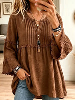 Women's Vintage Elegant Textured Crinkle Pleats Tunic Blouse