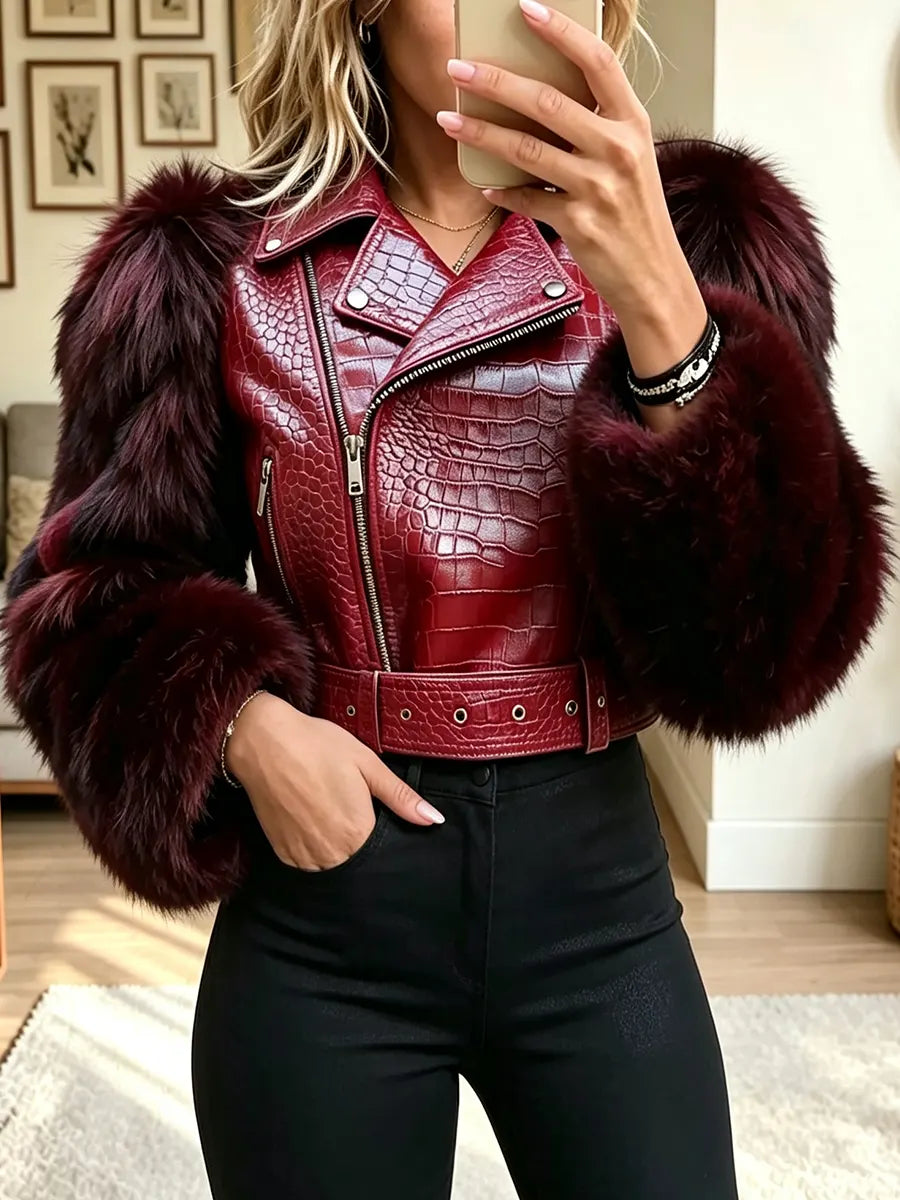 Women's Vintage Fluffy Sleeve Asymmetrical Zipper Cropped Biker Jacket