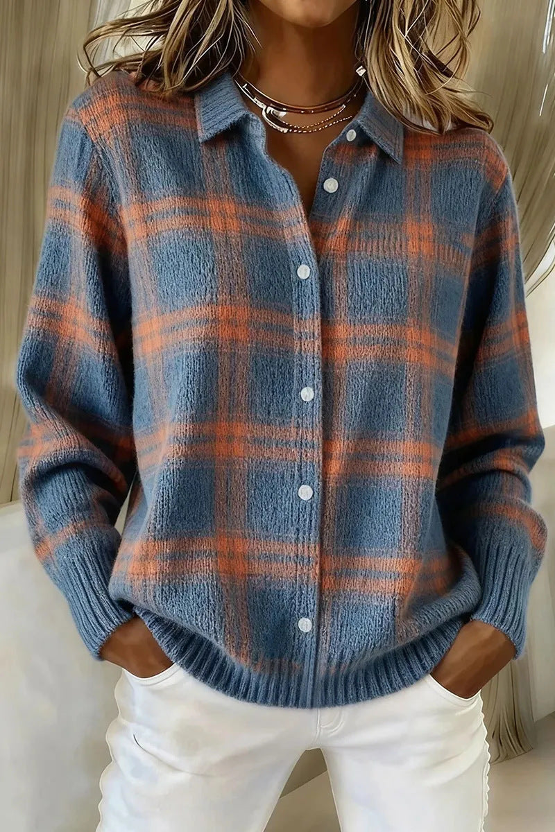Women Loose Long Sleeve Plaid Collared Button‑front Knit Cardigan Sweater